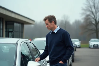 Homme inspectant une voiture d'occasion dans un parc automobile, processus d'achat serein avec Autosmart360