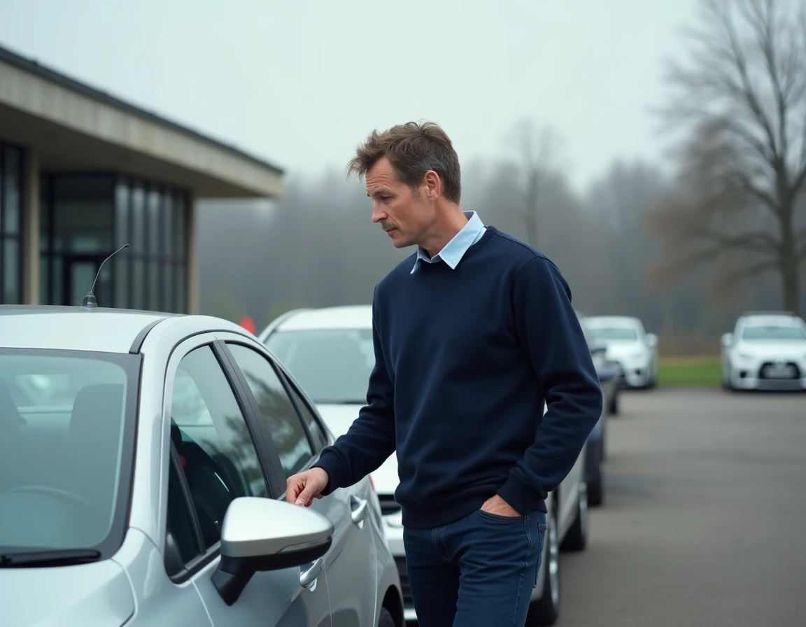 Homme inspectant une voiture d'occasion dans un parc automobile, processus d'achat serein avec Autosmart360