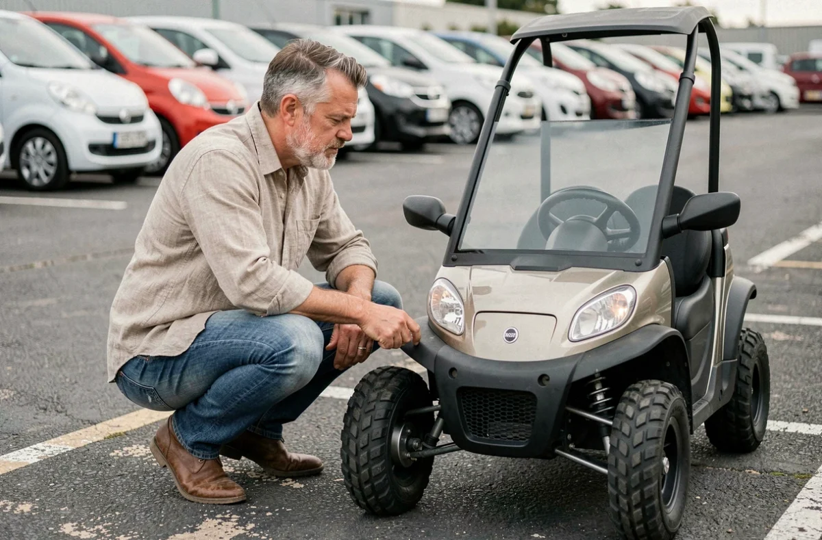 Un homme d'une cinquantaine d'années inspecte une voiture sans permis cabriolet d'occasion dans un parking de concessionnaire