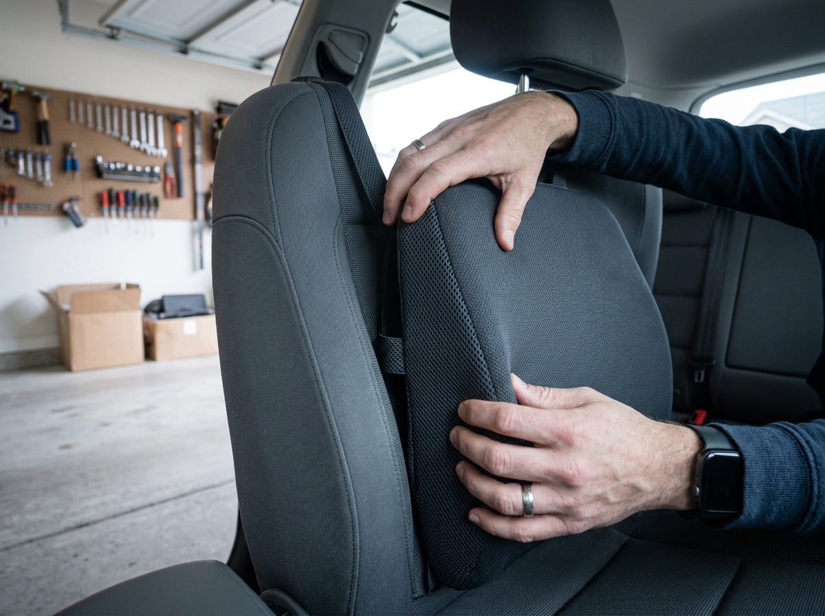 Installation d'un coussin lombaire ergonomique sur le siège conducteur d'une Golf 6 dans un garage