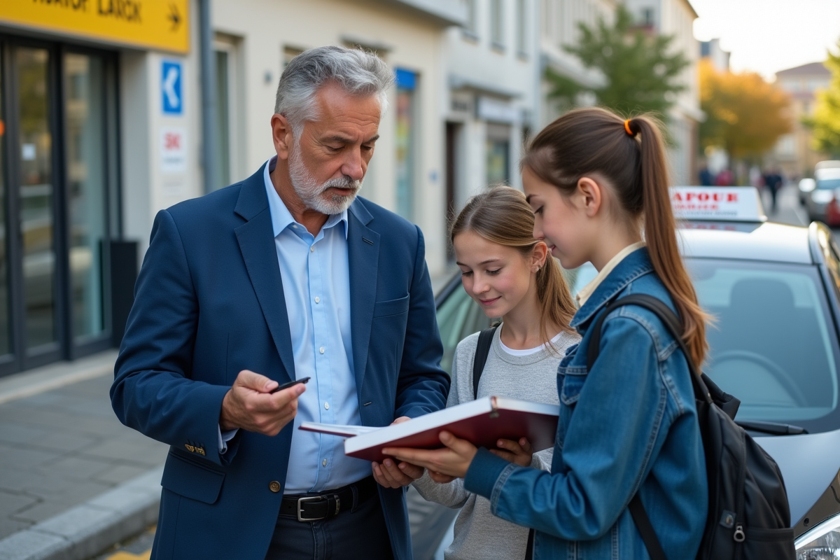 Instructeur de conduite avec élève devant voiture d