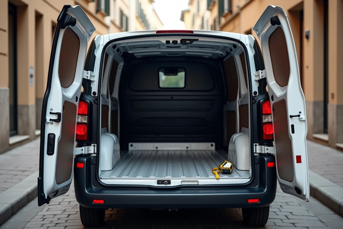Intérieur du Peugeot Expert L2 avec coffre ouvert et mètre ruban pour mesurer la longueur de chargement