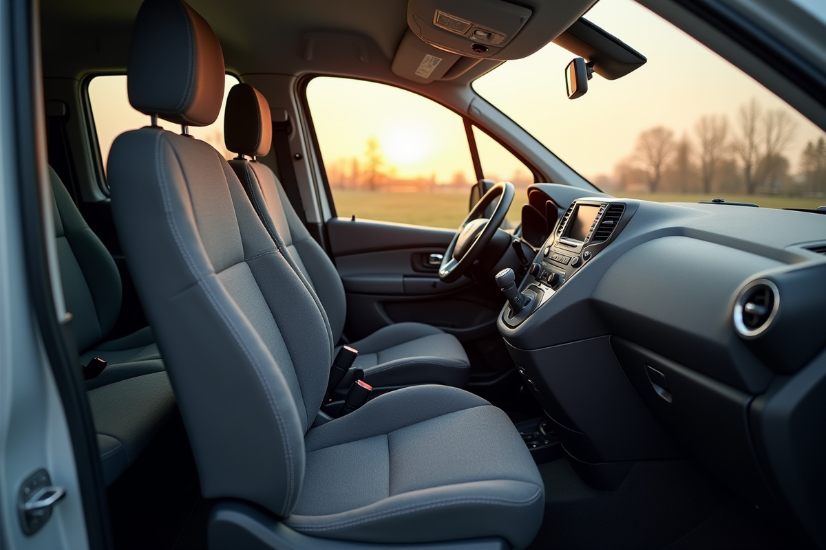 Intérieur cabine Peugeot Expert vue de côté avec éclairage naturel