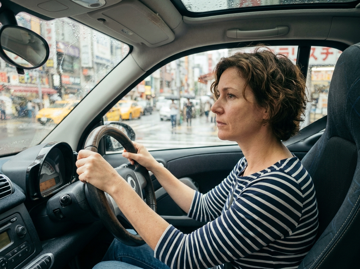 Femme au volant d'une voiture citadine en plein centre-ville, vue intérieure réaliste