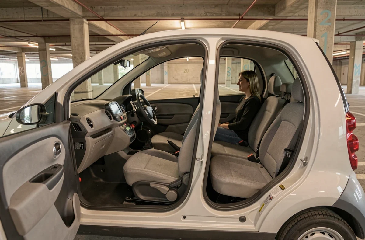 Intérieur d'une voiture sans permis 4 places avec tableau de bord et sièges arrière
