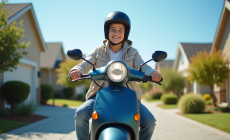 Jeune garçon souriant avec casque sur un scooter moderne en banlieue