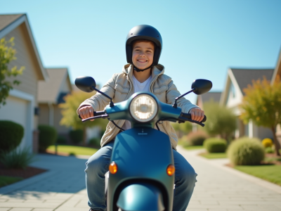Jeune garçon souriant avec casque sur un scooter moderne en banlieue