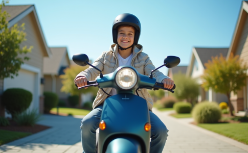 Jeune garçon souriant avec casque sur un scooter moderne en banlieue