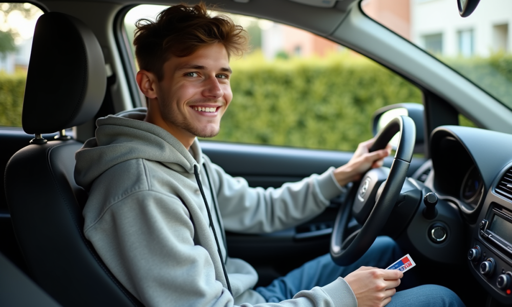 Jeune fille française souriante au volant d'une voiture