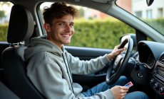 Jeune fille française souriante au volant d'une voiture