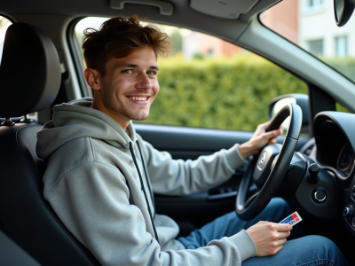 Jeune fille française souriante au volant d'une voiture
