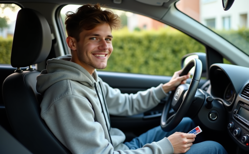 Jeune fille française souriante au volant d'une voiture
