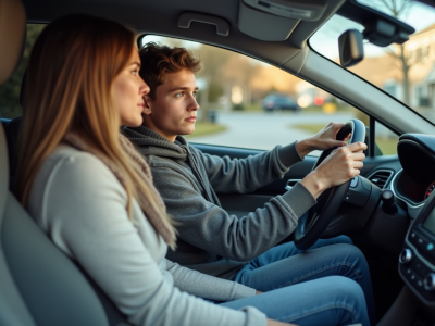 Adolescent au volant avec sa mère lors d'une leçon de conduite