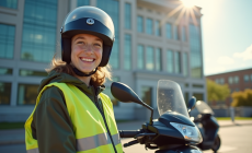 Jeune adulte avec casque et veste réfléchissante tenant son permis scooter devant un scooter moderne