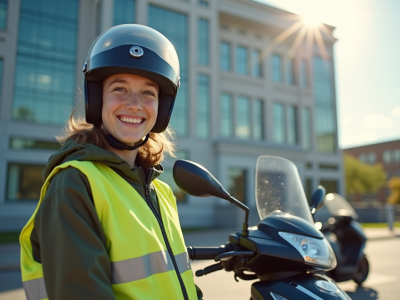 Jeune adulte avec casque et veste réfléchissante tenant son permis scooter devant un scooter moderne