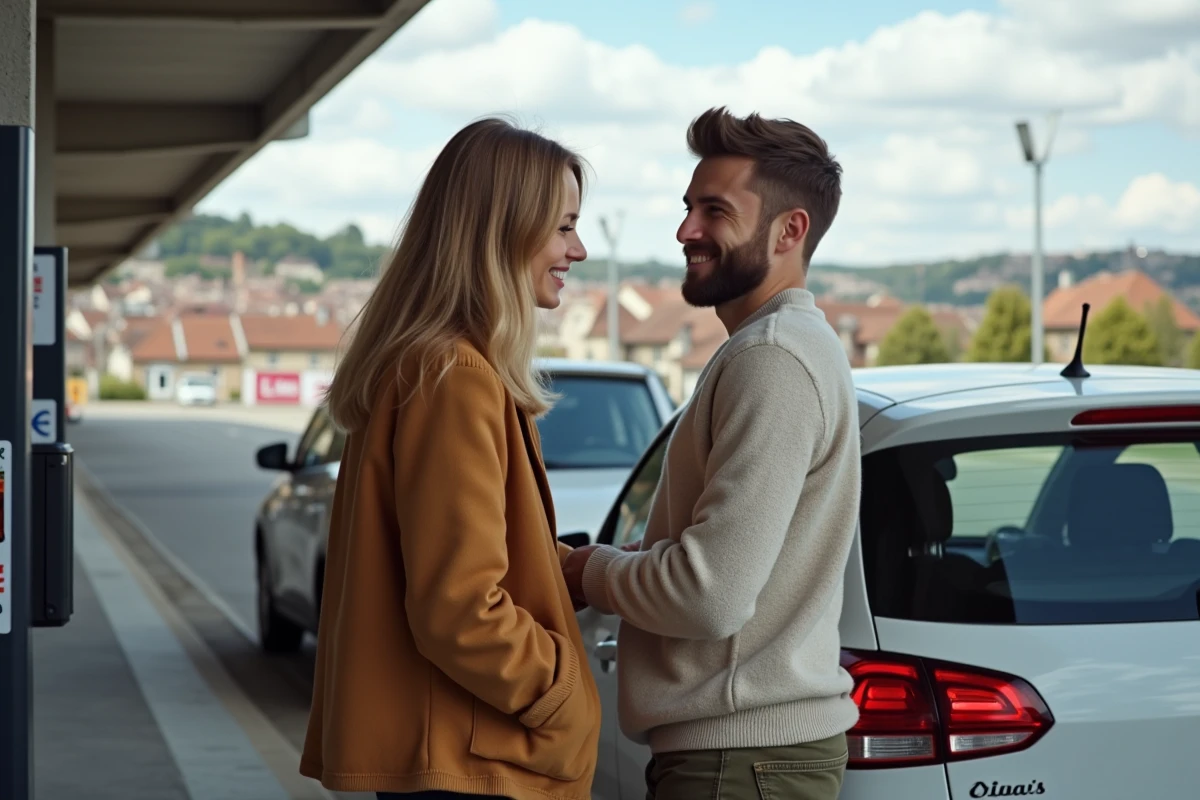 Jeune couple souriant récupérant leur ticket de parking à Colmar