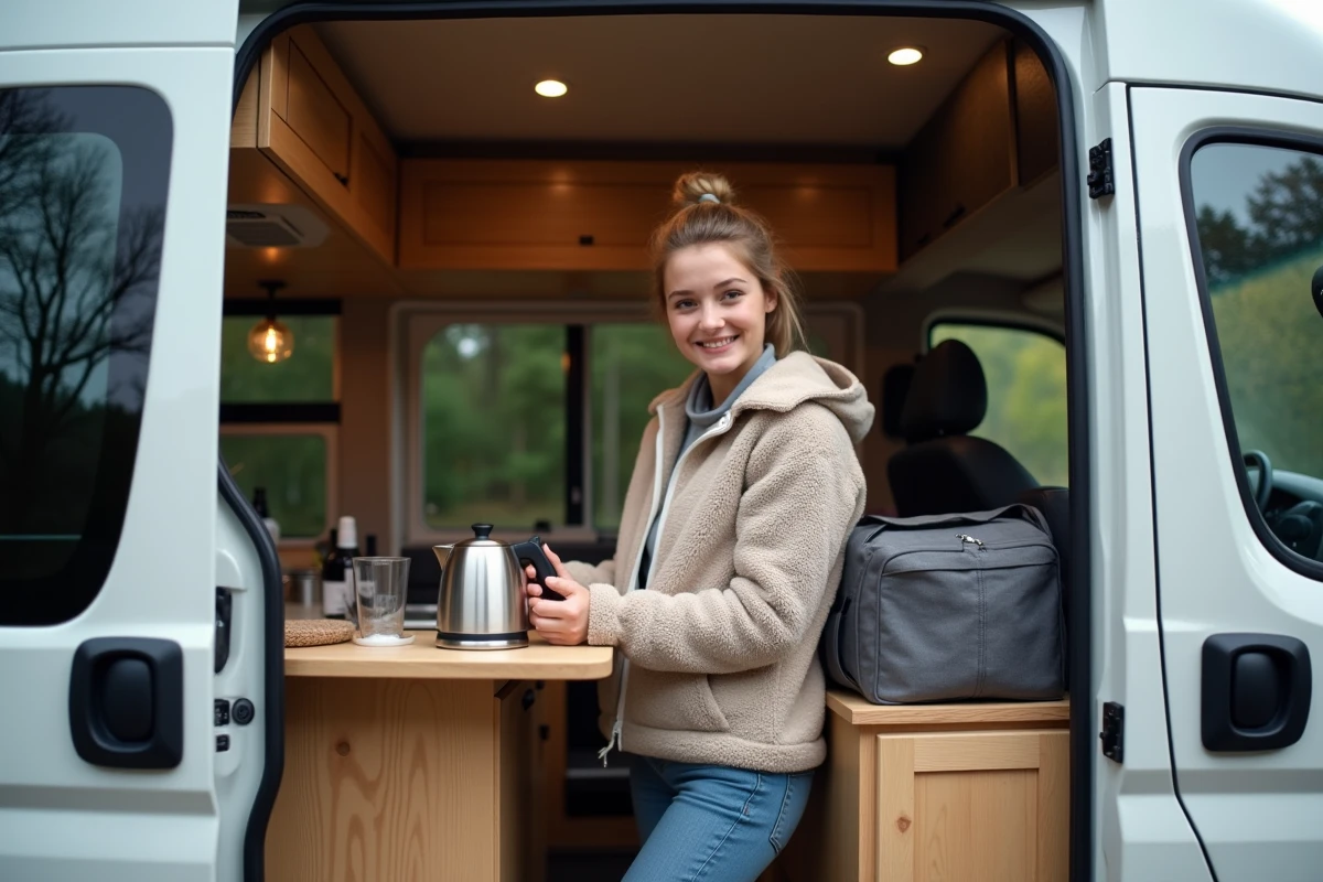 Jeune femme organisant son camping dans un van