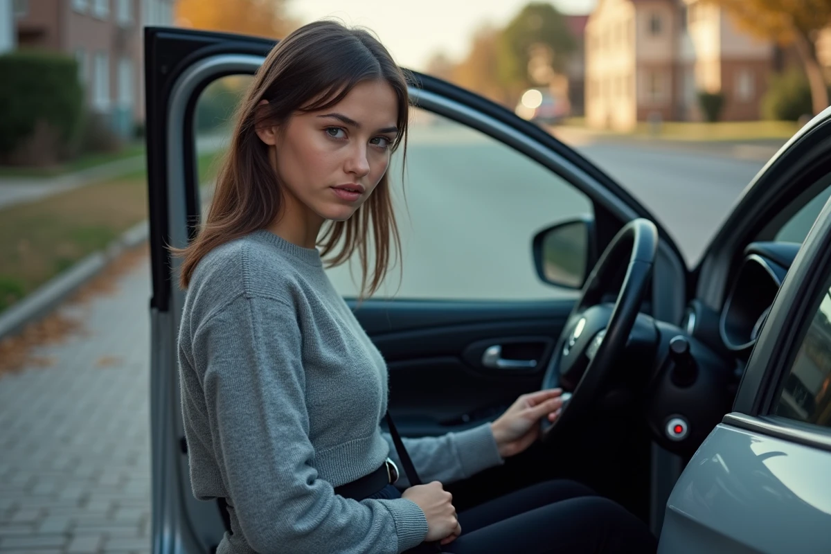 Jeune femme à côté d une Renault Clio stationnée regardant le tableau de bord