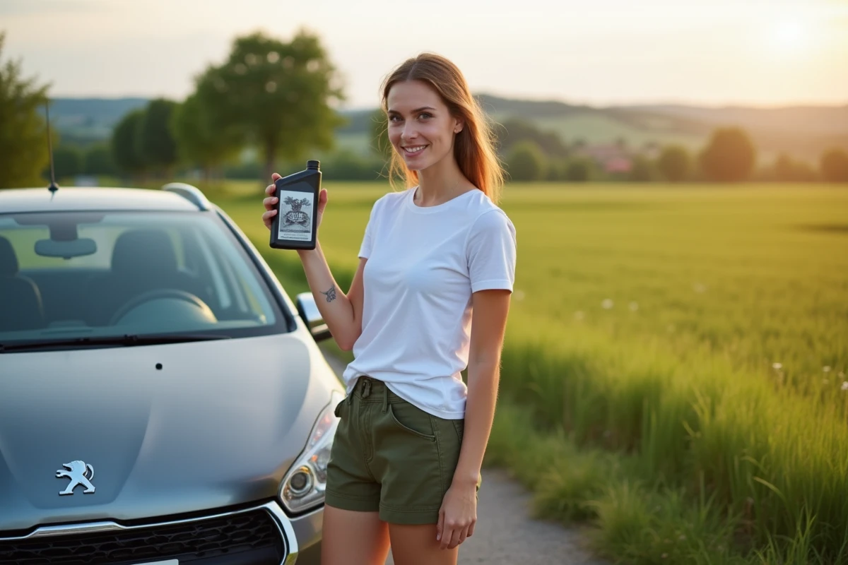 Jeune femme regardant le manuel de la Peugeot 208 en campagne