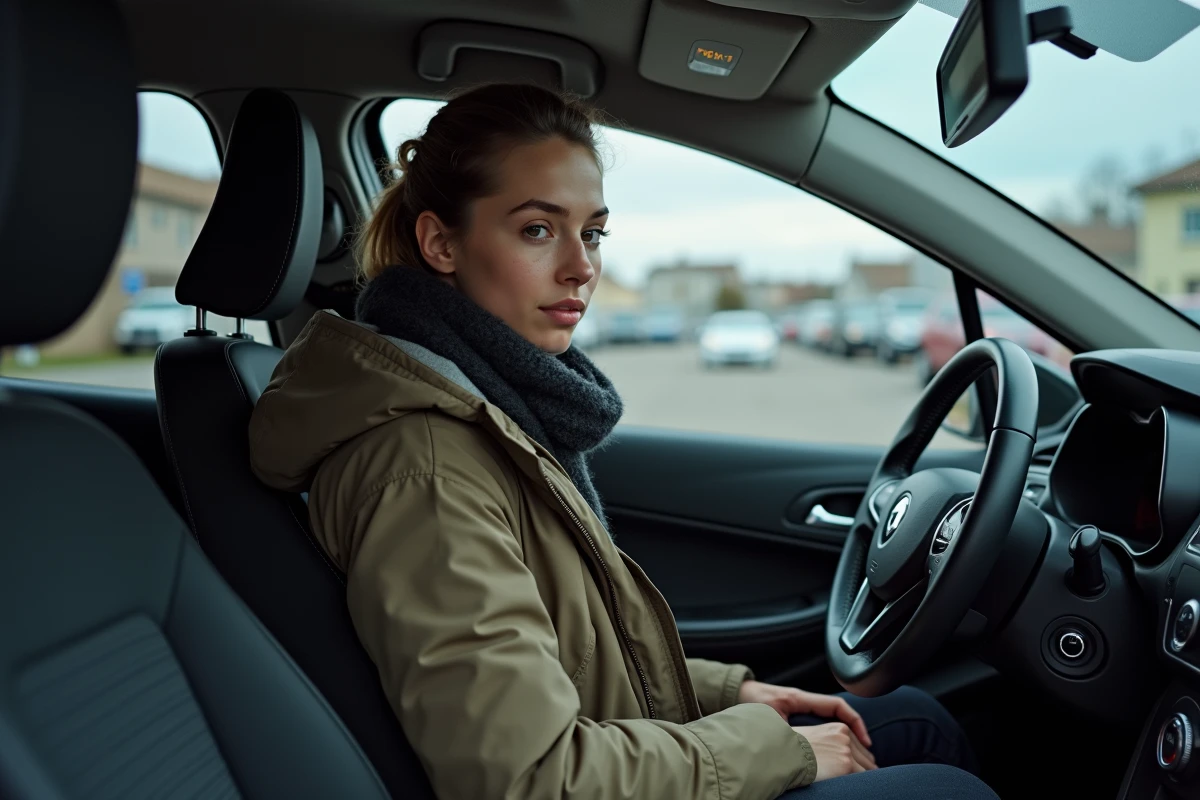 Jeune femme dans la Clio 5 regardant le tableau de bord