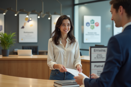 Jeune femme en blouse et jeans remet un papier à un agent administratif