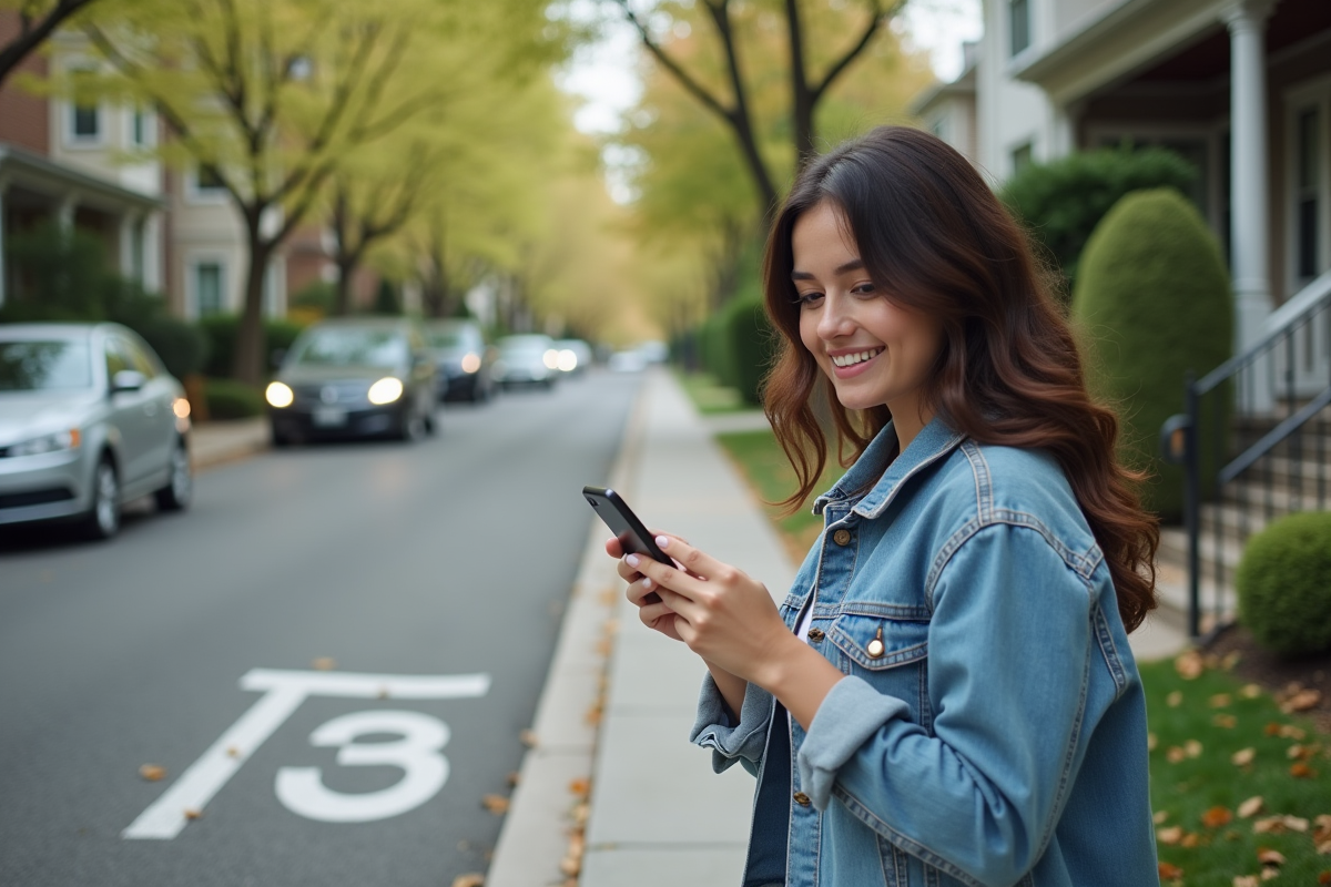 Jeune femme pointant une marque de stationnement sur le trottoir