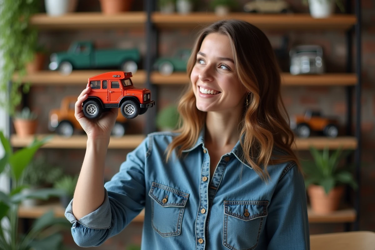 Jeune femme tenant un mini camion de collection dans un loft lumineux