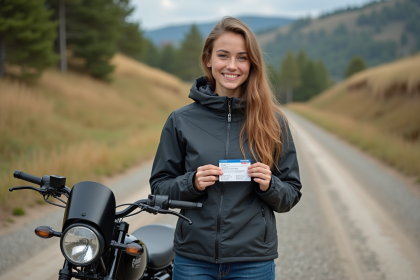 Jeune femme souriante avec licence moto trial et moto en extérieur