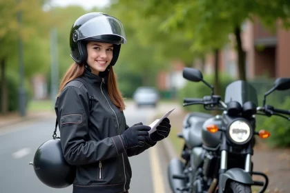 Jeune femme avec casque et moto 125cc fière de sa licence