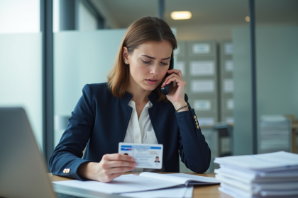 Jeune femme inquiète avec permis et téléphone au bureau