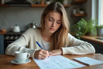 Jeune femme concentrée à préparer son permis de conduire à la maison