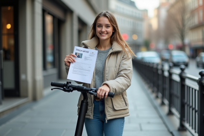 Jeune femme avec scooter et documents d'assurance