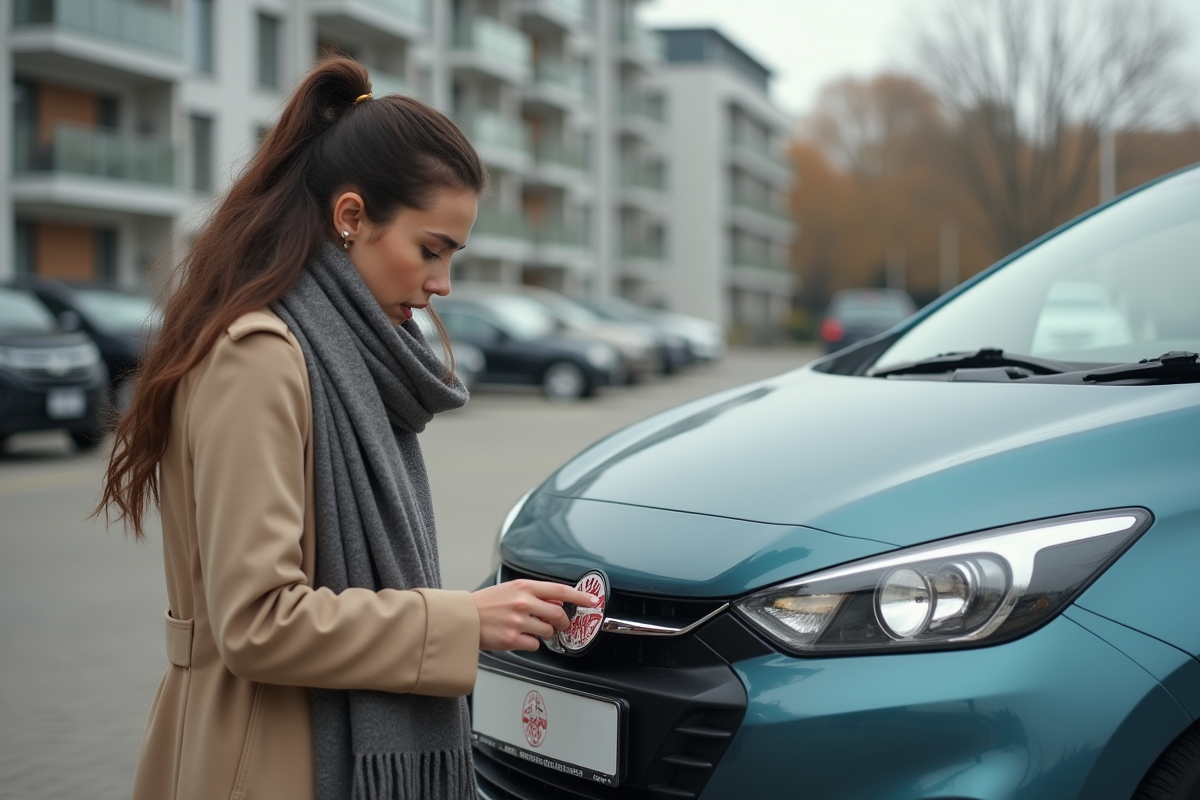 Jeune femme vérifiant une vignette sur la plaque de sa voiture