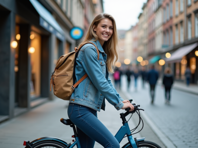 Jeune femme souriante avec velo en ville dynamique