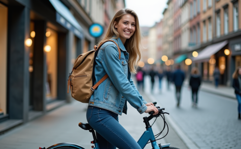 Jeune femme souriante avec velo en ville dynamique