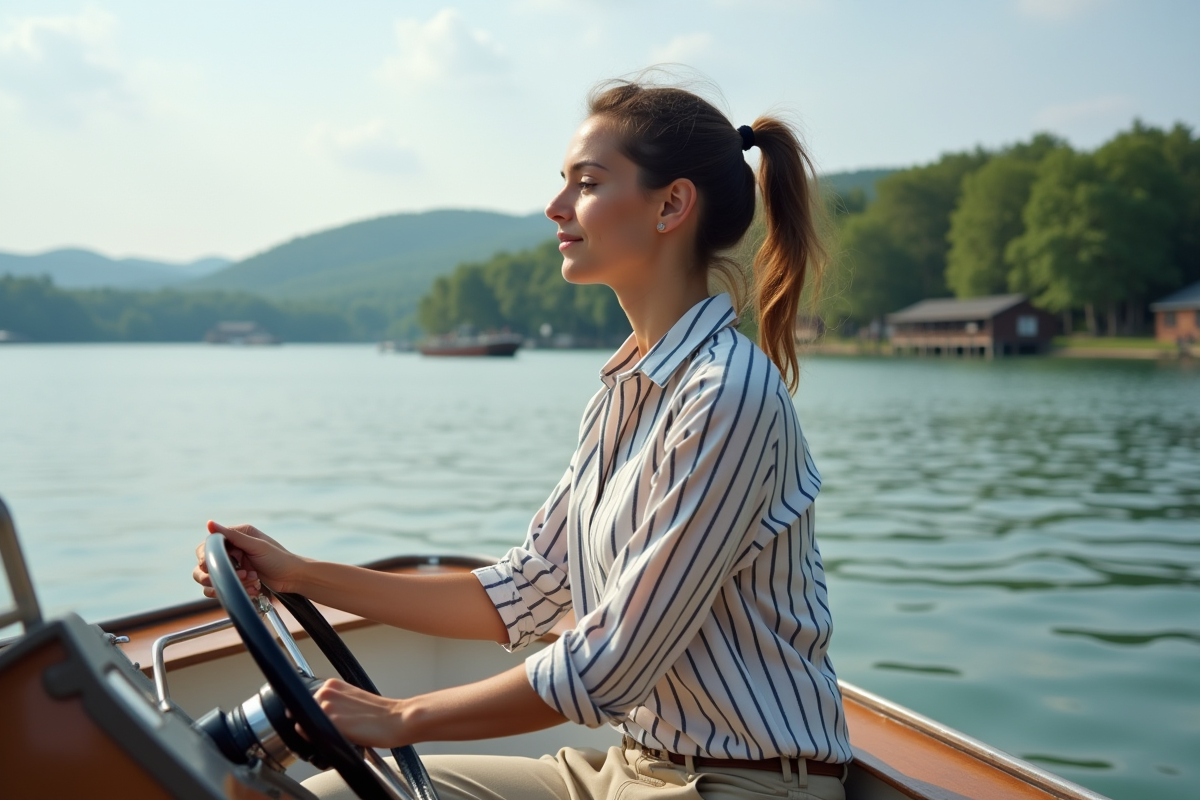 Jeune femme maniant le volant d’un bateau sur un lac