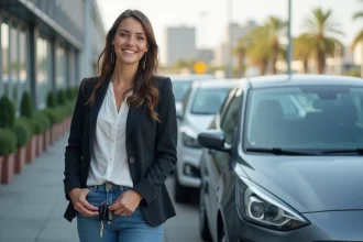 Jeune femme souriante avec voiture en ville