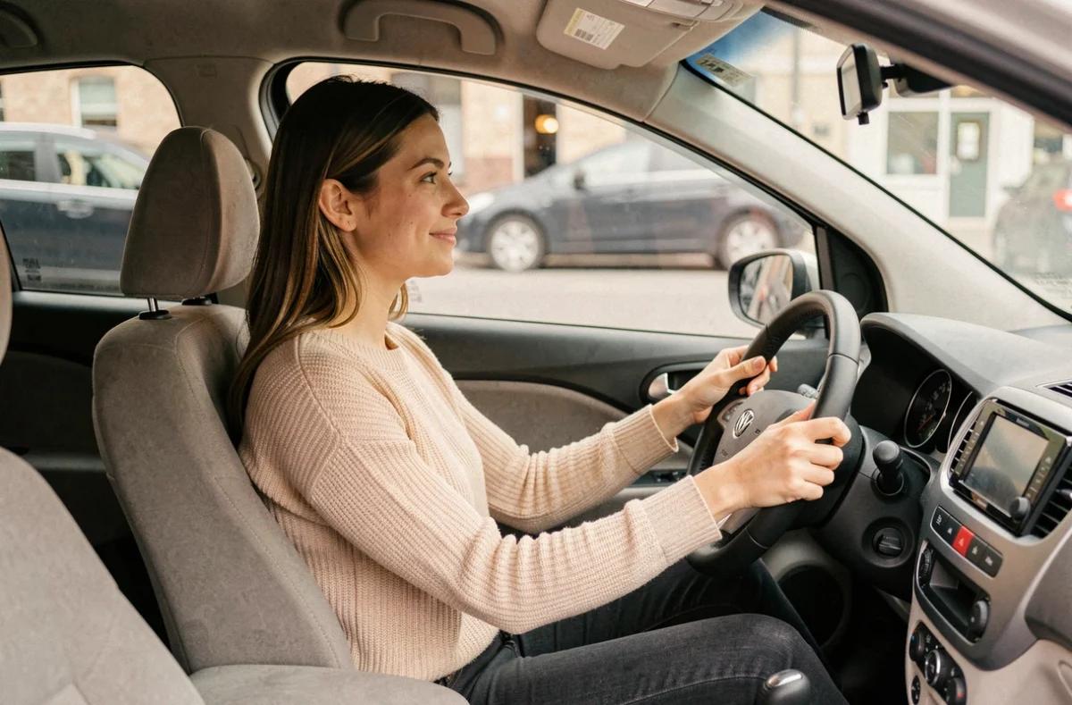 Jeune femme au volant d'une petite voiture abordable, illustrant un financement auto sans apport à 59 euros par mois