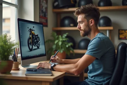 Jeune homme travaillant sur un ordinateur pour personnaliser une moto