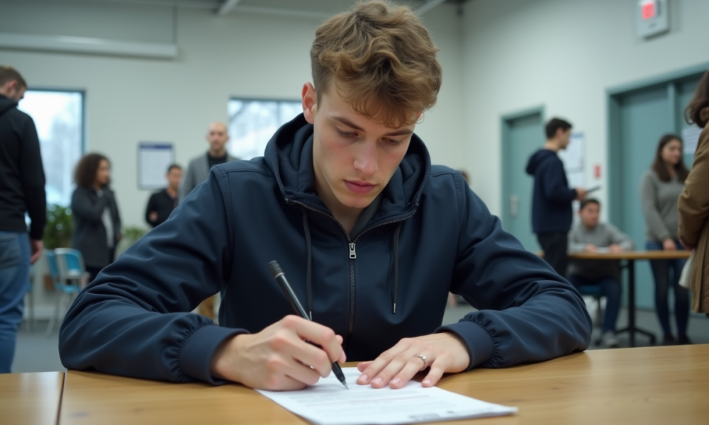 Jeune homme remplissant papier scooter dans un bureau moderne