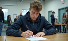 Jeune homme remplissant papier scooter dans un bureau moderne