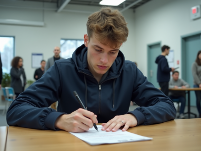 Jeune homme remplissant papier scooter dans un bureau moderne