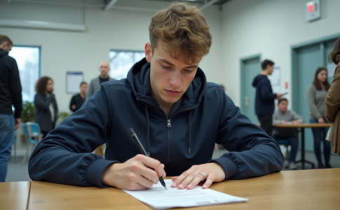Jeune homme remplissant papier scooter dans un bureau moderne