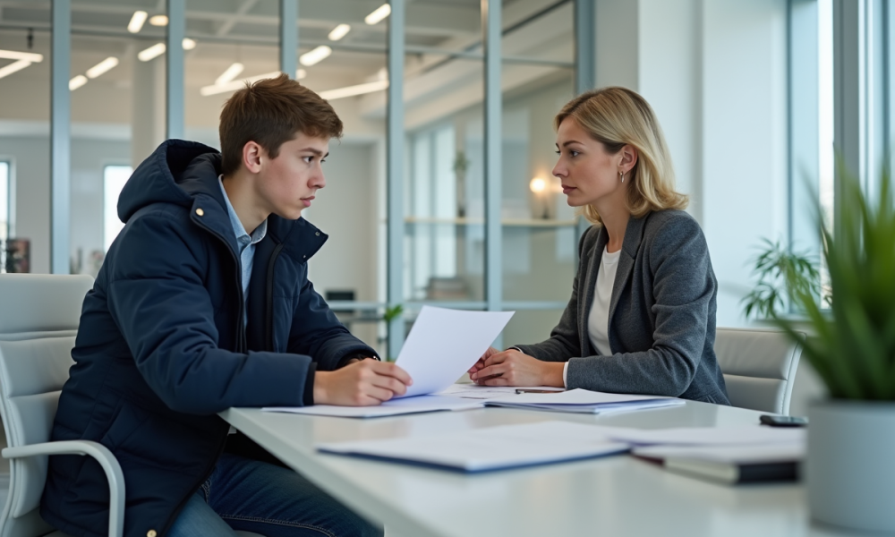 Jeune homme en discussion avec une professionnelle d'assurance
