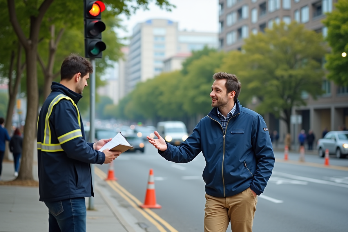 Jeune homme indiquant un feu de circulation défectueux