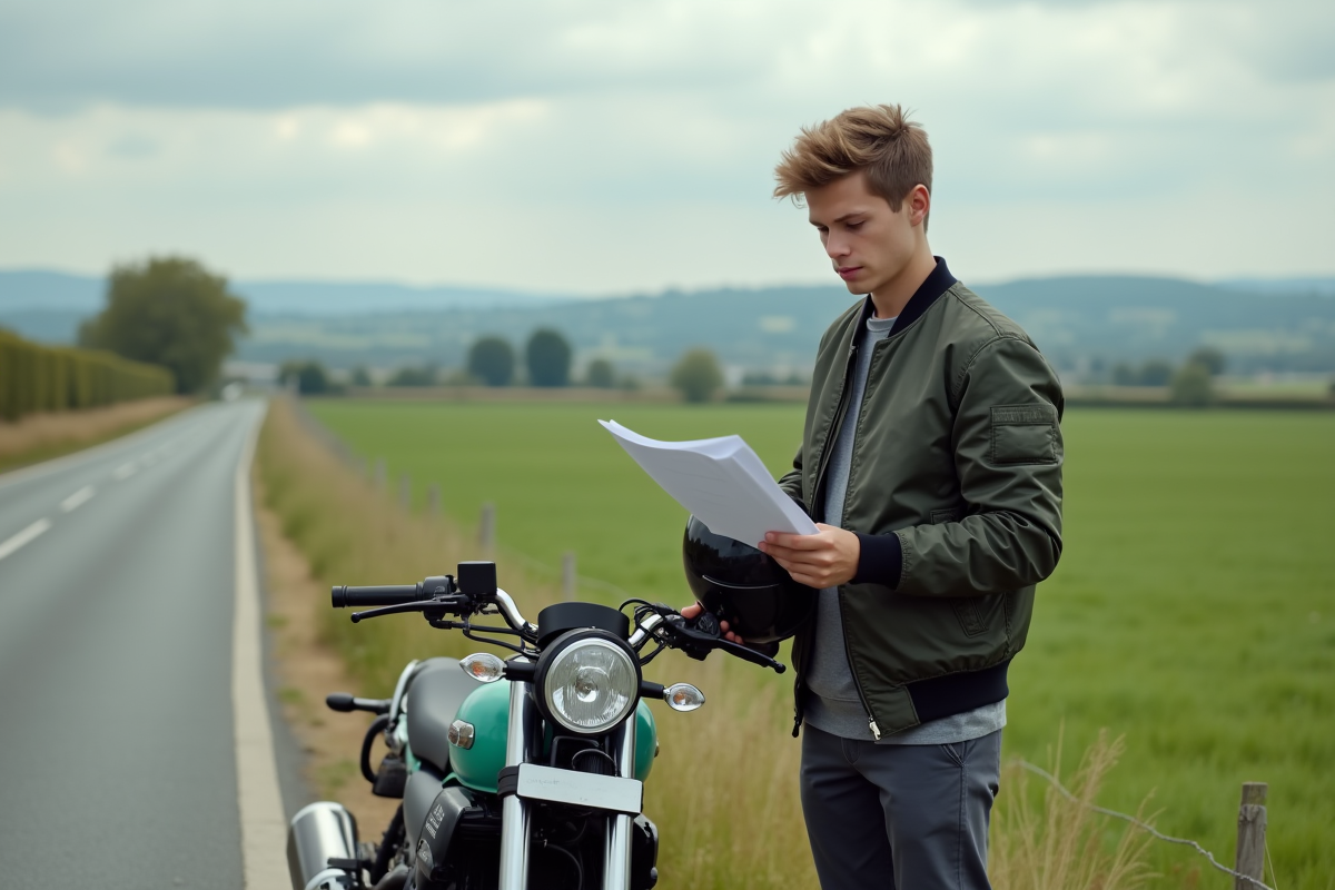 Jeune homme avec moto en campagne française