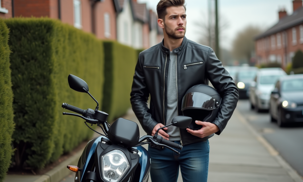 Jeune homme en moto avec casque dans un cadre urbain