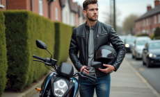 Jeune homme en moto avec casque dans un cadre urbain