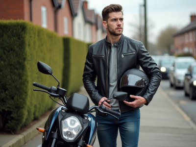 Jeune homme en moto avec casque dans un cadre urbain
