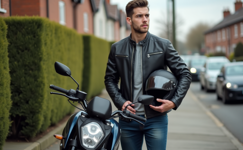 Jeune homme en moto avec casque dans un cadre urbain